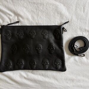 Black Embossed Skull Leather Clutch with Detachable Strap